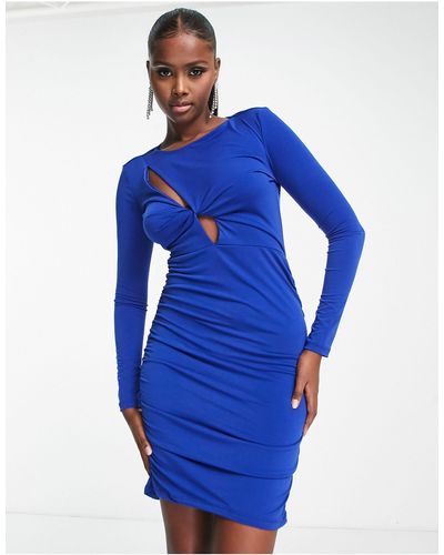 Trendyol Long Sleeve Bodycon Mini Dress With Cut Out - Blue
