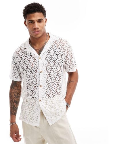ASOS Short Sleeve Relaxed Fit Deep Revere Collar Flower Lace Shirt - White