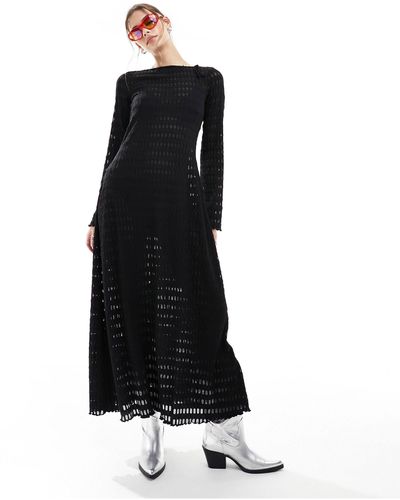Monki Open Knitted Pointelle Beach Maxi Dress With Long Sleeves And Open Back - Black