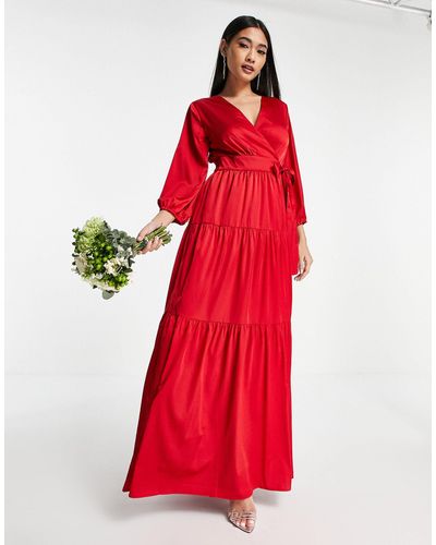 Y.A.S Bridesmaid Maxi Dress With Cut Out Back And Wrap Front - Red