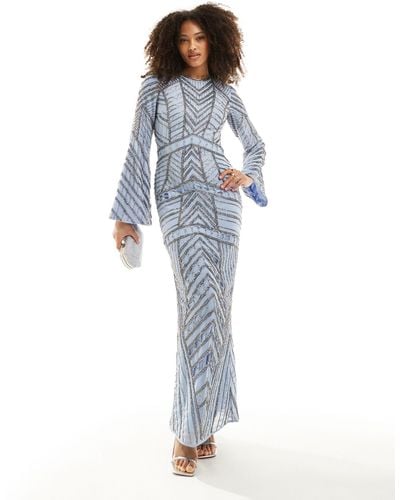 ASOS Embellished Long Sleeve Chevron Maxi Dress - Blue