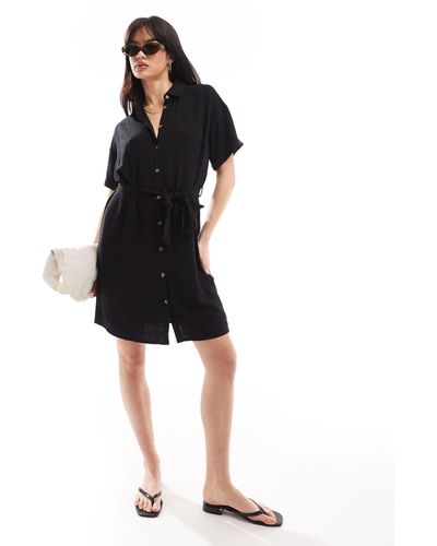 Pieces Tie Waist Linen Mini Shirt Dress - Black