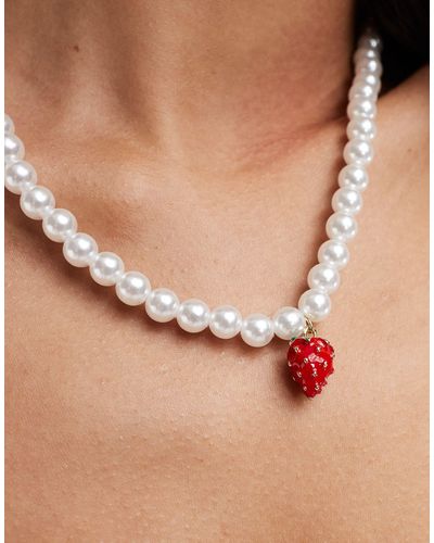 Pieces Faux Pearl Necklace With Strawberry Charm - Natural