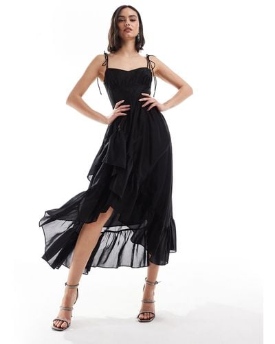 & Other Stories Midaxi Dress With Spaghetti Straps And Asymmetric Ruffle Hem - Black