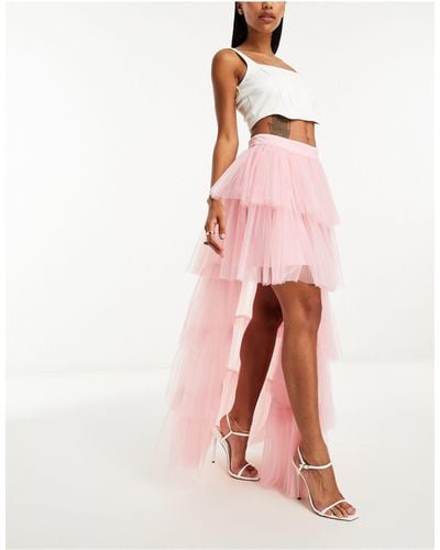LACE & BEADS High Low Tulle Maxi Skirt - Pink