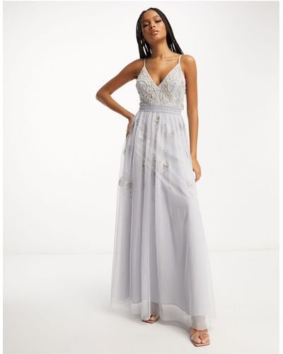 ASOS Bridesmaid Pearl Embellished Cami Maxi Dress With Floral Embroidery - Gray