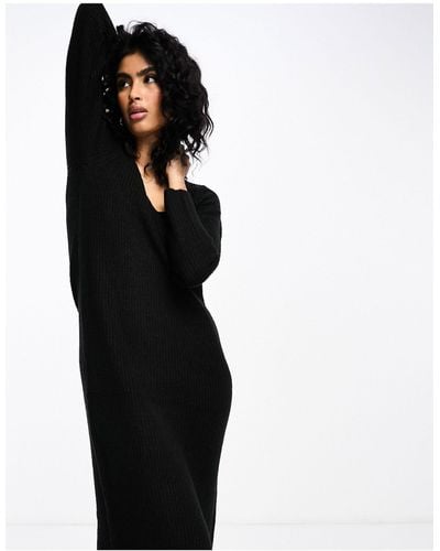 Vila Knitted V Neck Sweater Midi Dress - Black