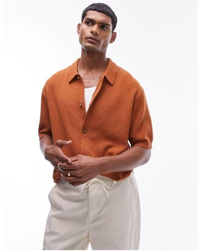 TOPMAN Relaxed Fit Knitted Textured Button Through Shirt - Brown