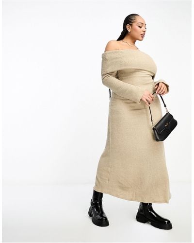 ASOS Asos Design Curve Boucle Maxi Off The Shoulder Dress With Flared Sleeve - Natural