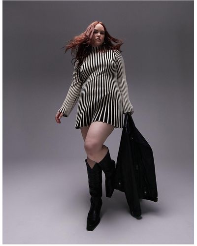 TOPSHOP Curve Knitted Stripe Long Sleeve Mini Dress - Black
