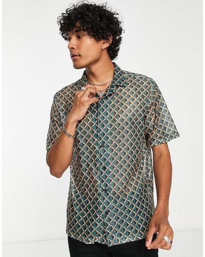 Twisted Tailor Doorschijnend Overhemd Met Reverskraag, Geometrisch Motief En Kant - Groen