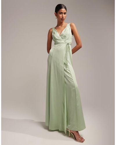 ASOS Bridesmaid Satin Wrap Maxi Dress With Tie Detail - Green