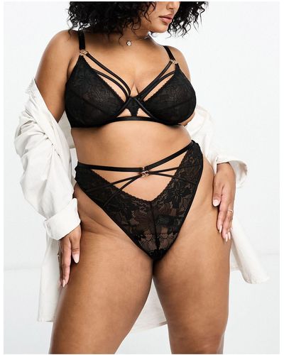 ASOS Curve Adrianna Satin And Lace Strappy Thong - Black