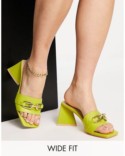 Glamorous Quilted Mid Heel Mule Sandals - Yellow