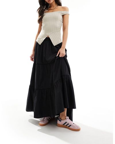 Monki Maxi Tiered Poplin Cotton Skirt With Half Elastic Waist - Black