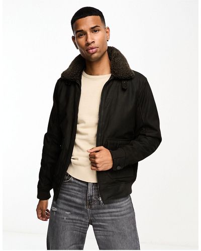 Barneys Originals Real Leather Bomber Jacket With Collar - Black