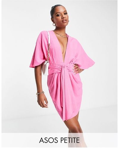 ASOS Asos Design Petite Batwing Tie Front Linen Mini Dress - Pink