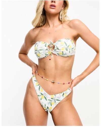Hollister Slip bikini sgambati con stampa di limoni e davanti a v - Bianco