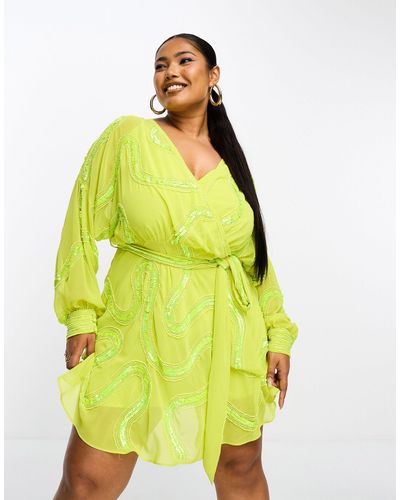 ASOS Curve Rouleaux Loop Tie Waist Mini Dress With Swirl Embellishment - Yellow