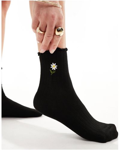 ASOS Daisy Embroidery Frill Top Socks - Black