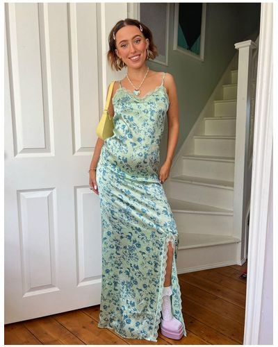 Daisy Street X Chloe Davie 90s Printed Maxi Satin Dress With Lace Trim - Green