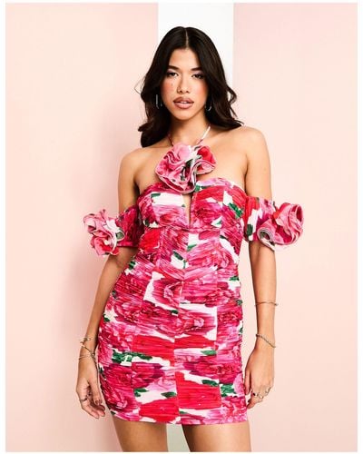 ASOS Halter Ruched Mini Dress With Corset Bodice & Corsage Detail - Pink