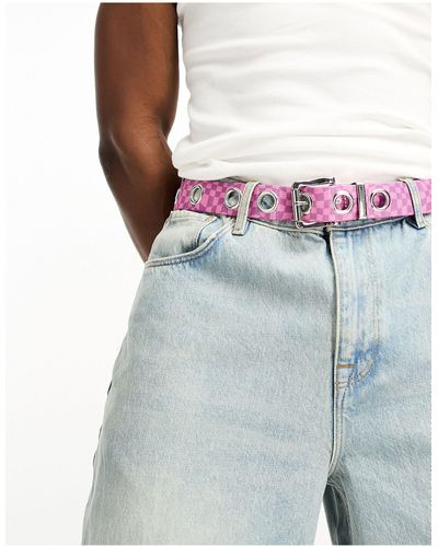 ASOS Webbing Belt With Checkerboard Eyelets And Chain - White
