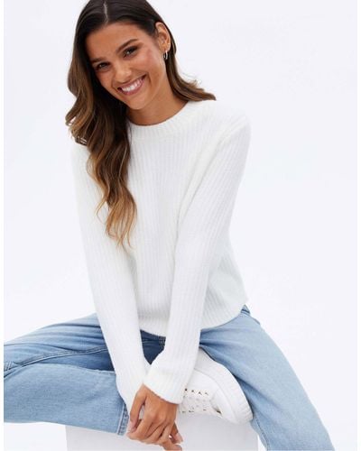 New Look Fluffy Knit Ribbed Sweater - White