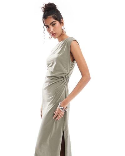 & Other Stories Jersey Midaxi Dress With Drape Detail And Asymmetric Twist Shoulder Detail - White