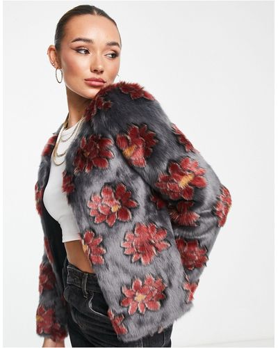 Unreal Fur Floral Print Faux Fur Jacket - Red