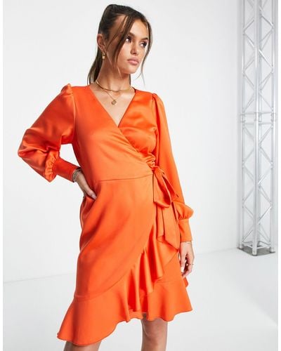 Style Cheat Ruffle Wrap Satin Mini Dress - Orange