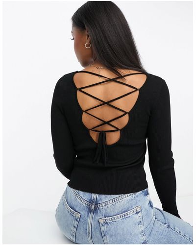 Stradivarius Knitted Top With Cross Back Detail - Black