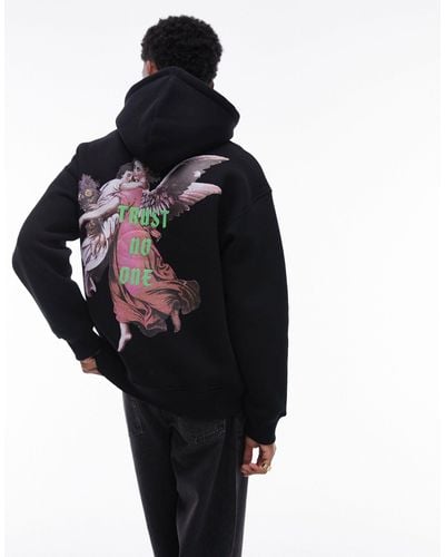 TOPMAN Oversized Fit Hoodie With Front And Back Angel Print - Black