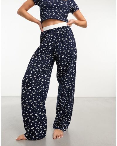 ASOS Mix & Match Ditsy Print Pajama Trouser With Exposed Waistband And Picot Trim - Blue