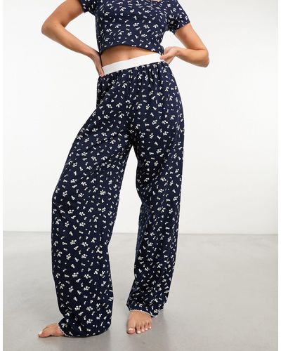 ASOS Mix & Match Ditsy Print Pyjama Trouser With Exposed Waistband And Picot Trim - Blue