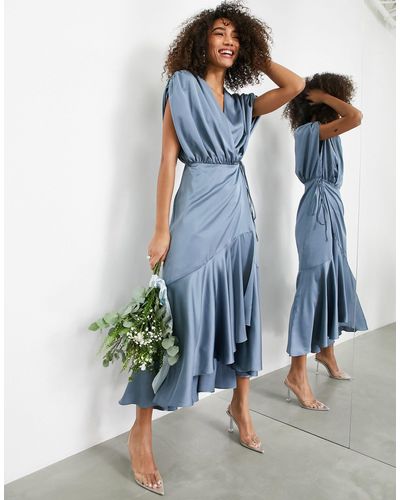 ASOS Bridesmaid Satin Wrap Midi Dress With Ruched Detail - Blue