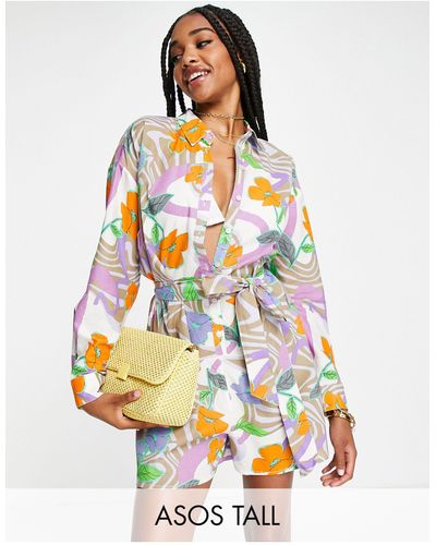ASOS Asos design tall - tuta corta da mare stile camicia con cintura e stampa a fiori astratta - Multicolore
