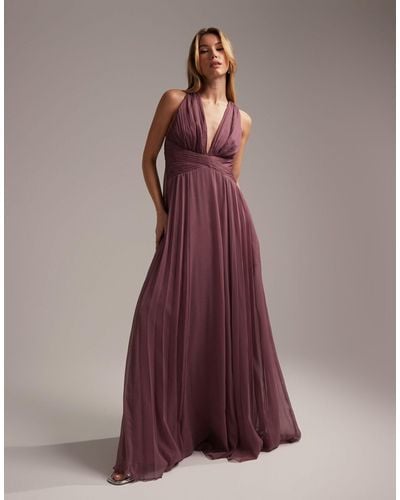 ASOS Bridesmaid Ruched Bodice Drape Maxi Dress With Wrap Waist - Purple