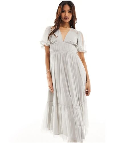 Beauut Bridesmaid Tulle Midi Dress With Flutter Sleeve - White