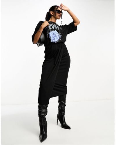 ASOS T-shirt Midi Dress With Drape Bodice And Blue Rose Graphic - Black