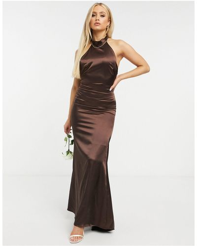 TFNC London Bridesmaid Satin Halterneck Fishtail Maxi Dress - Brown