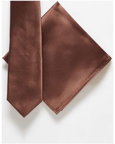 ASOS – schmale krawatte aus satin und einstecktuch - Braun