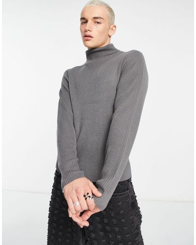 Collusion Knitted Ribbed Roll Neck Sweater - Grey
