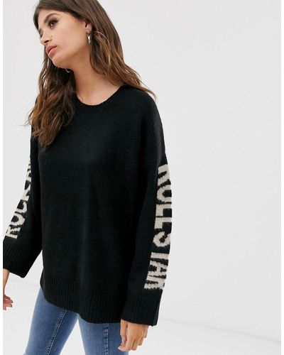 Religion Oversized Jumper With Rock And Roll Slogan - Black
