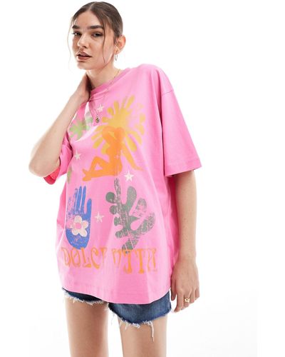 ASOS Camiseta rosa luminoso extragrande con estampado gráfico artístico "dolce vita"