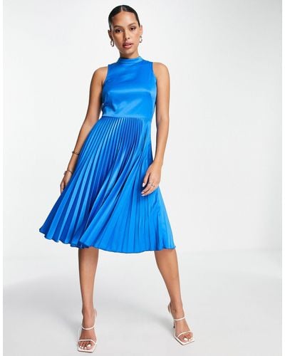 Closet High Neck Pleated Midi Dress - Blue