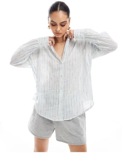 Pull&Bear Chemise oversize en lin à rayures et manches longues - Blanc