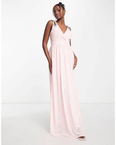 TFNC London Bridesmaid Wrap Front Chiffon Maxi Dress With Embellished Shoulder Detail - Pink