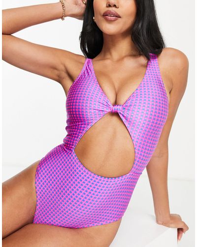 TOPSHOP Gingham Knot Front Swimsuit - Pink
