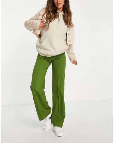 Pull&Bear High Waist Tailored Straight Leg Trousers With Front Seam - Green